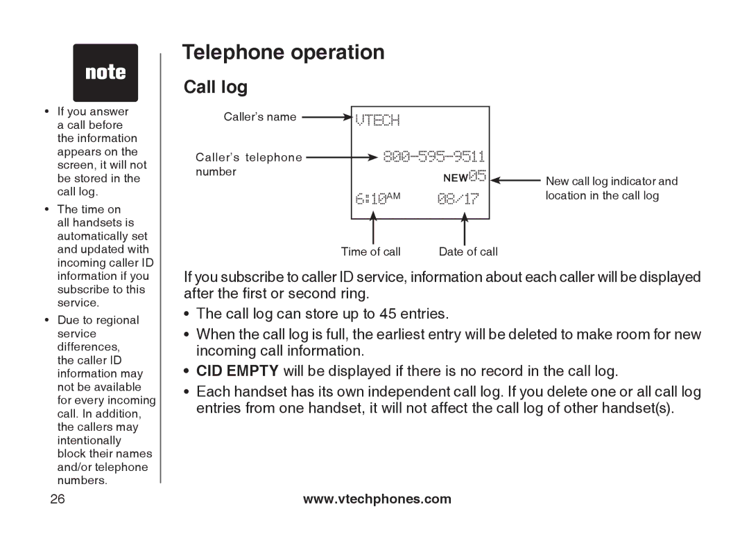 VTech CS5111-2, CS5111-3 important safety instructions Call log, Vtech 