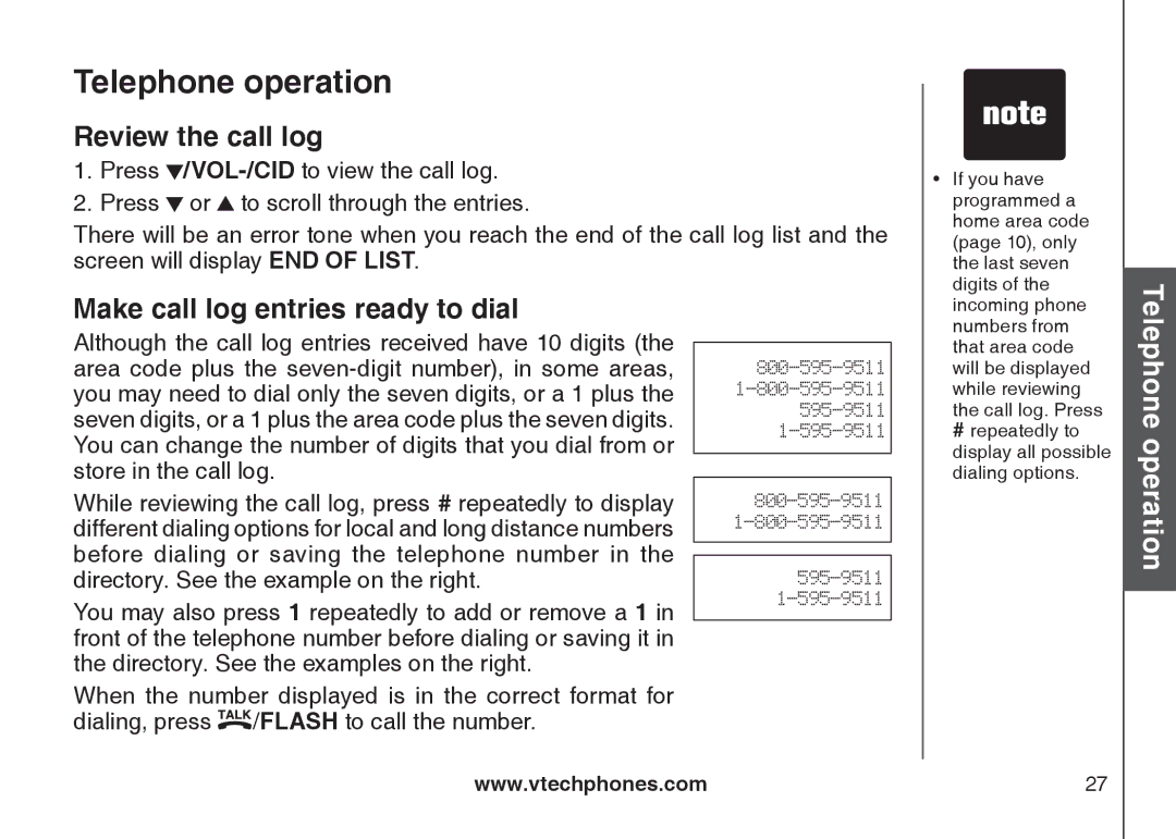 VTech CS5111-3, CS5111-2 important safety instructions Review the call log, Make call log entries ready to dial 