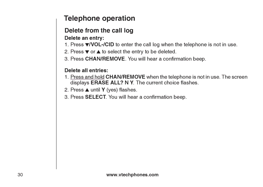 VTech CS5111-2, CS5111-3 important safety instructions Delete from the call log, Delete an entry 