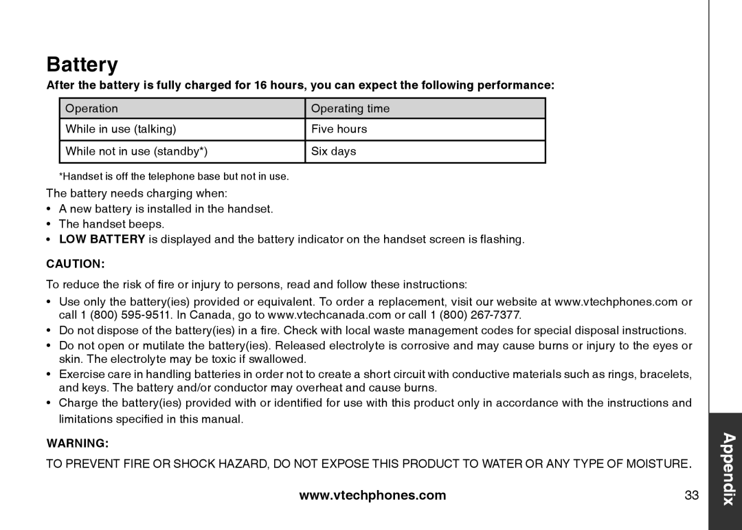 VTech CS5111-3, CS5111-2 important safety instructions Battery 