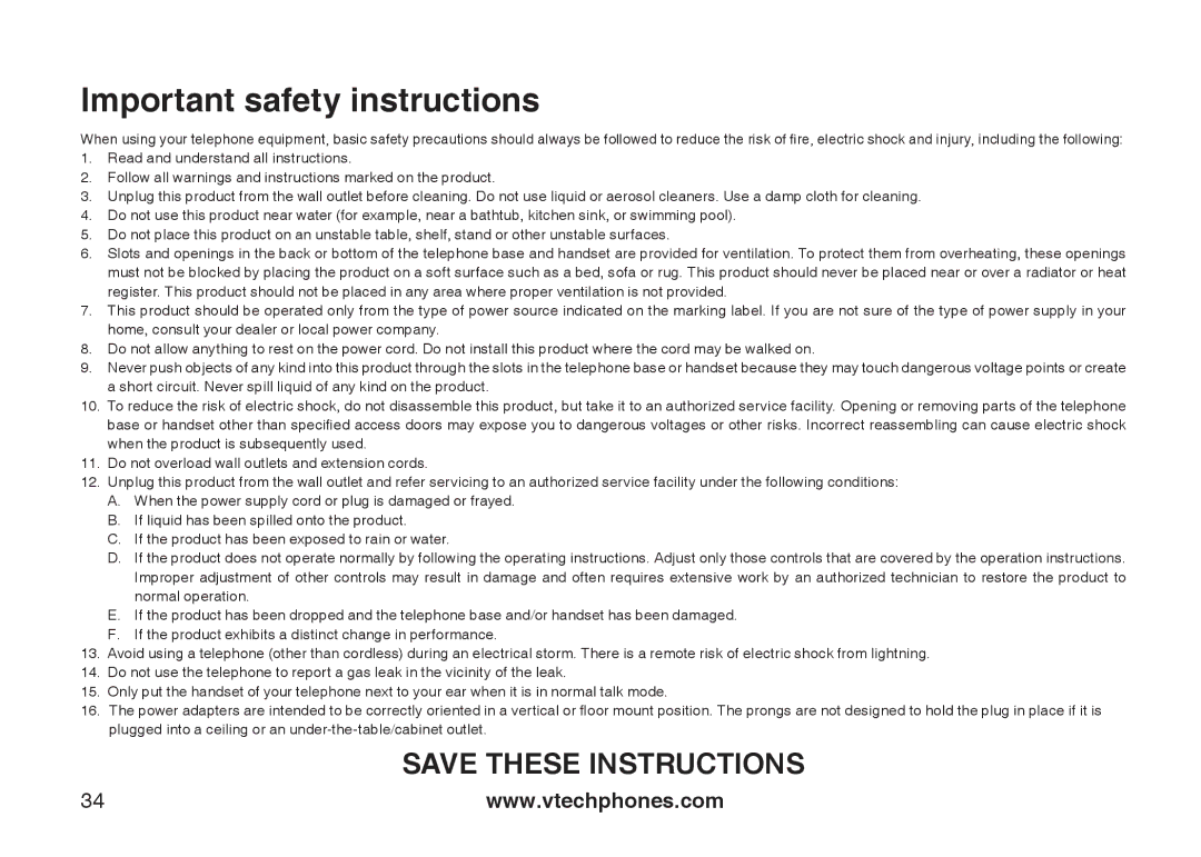 VTech CS5111-2, CS5111-3 important safety instructions Important safety instructions 