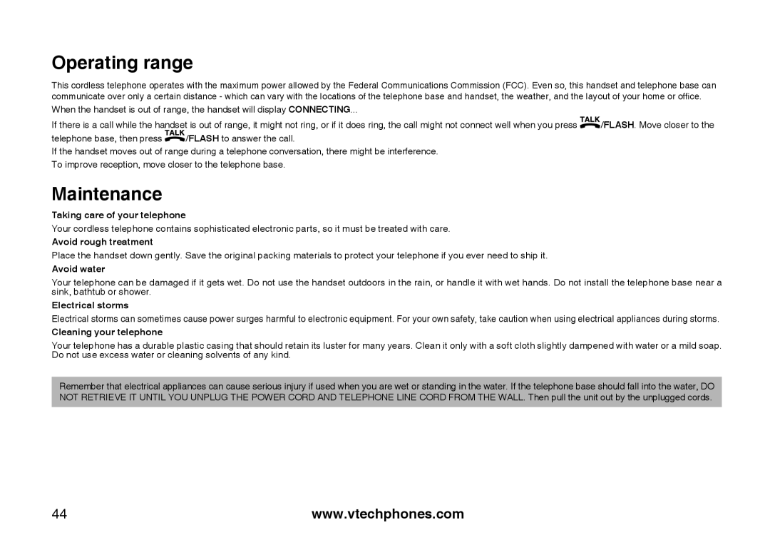 VTech CS5111-2, CS5111-3 important safety instructions Operating range, Maintenance 