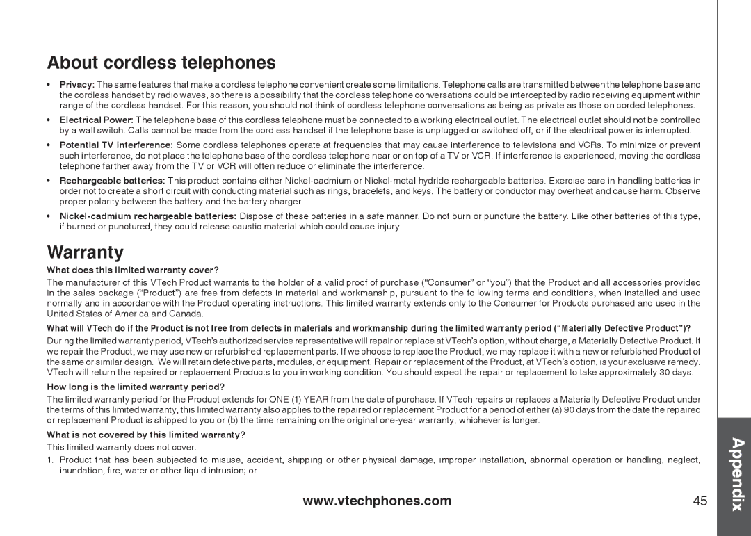 VTech CS5111-3, CS5111-2 important safety instructions About cordless telephones, Warranty 