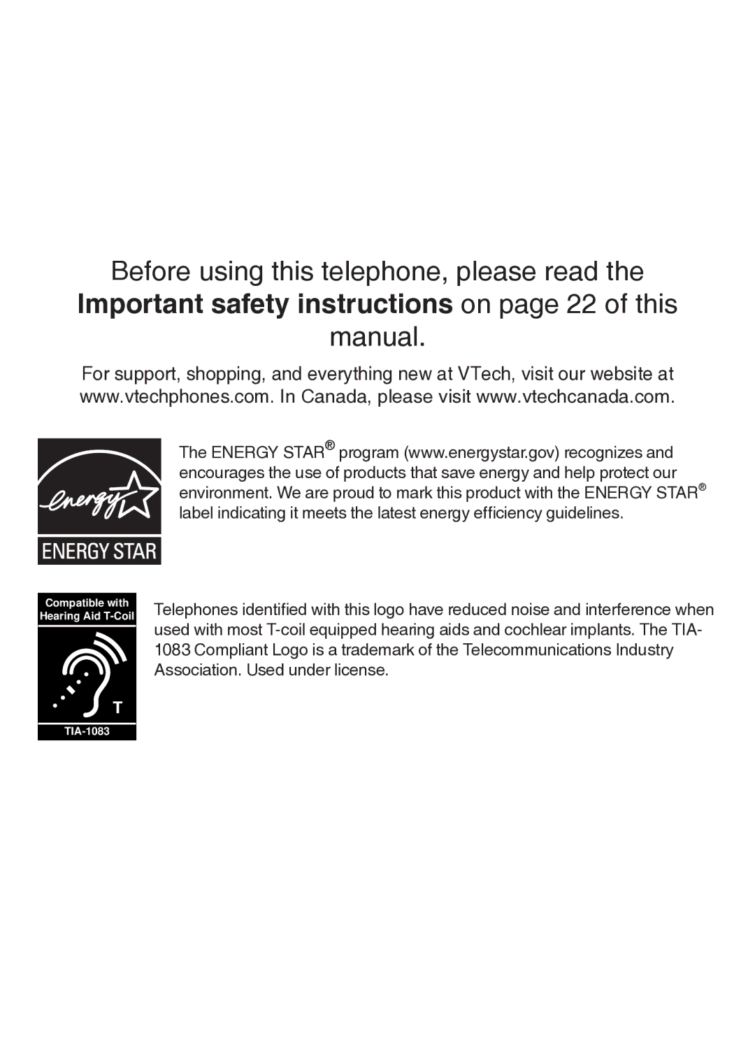 VTech CS5113 important safety instructions Important safety instructions on page 22 of this 