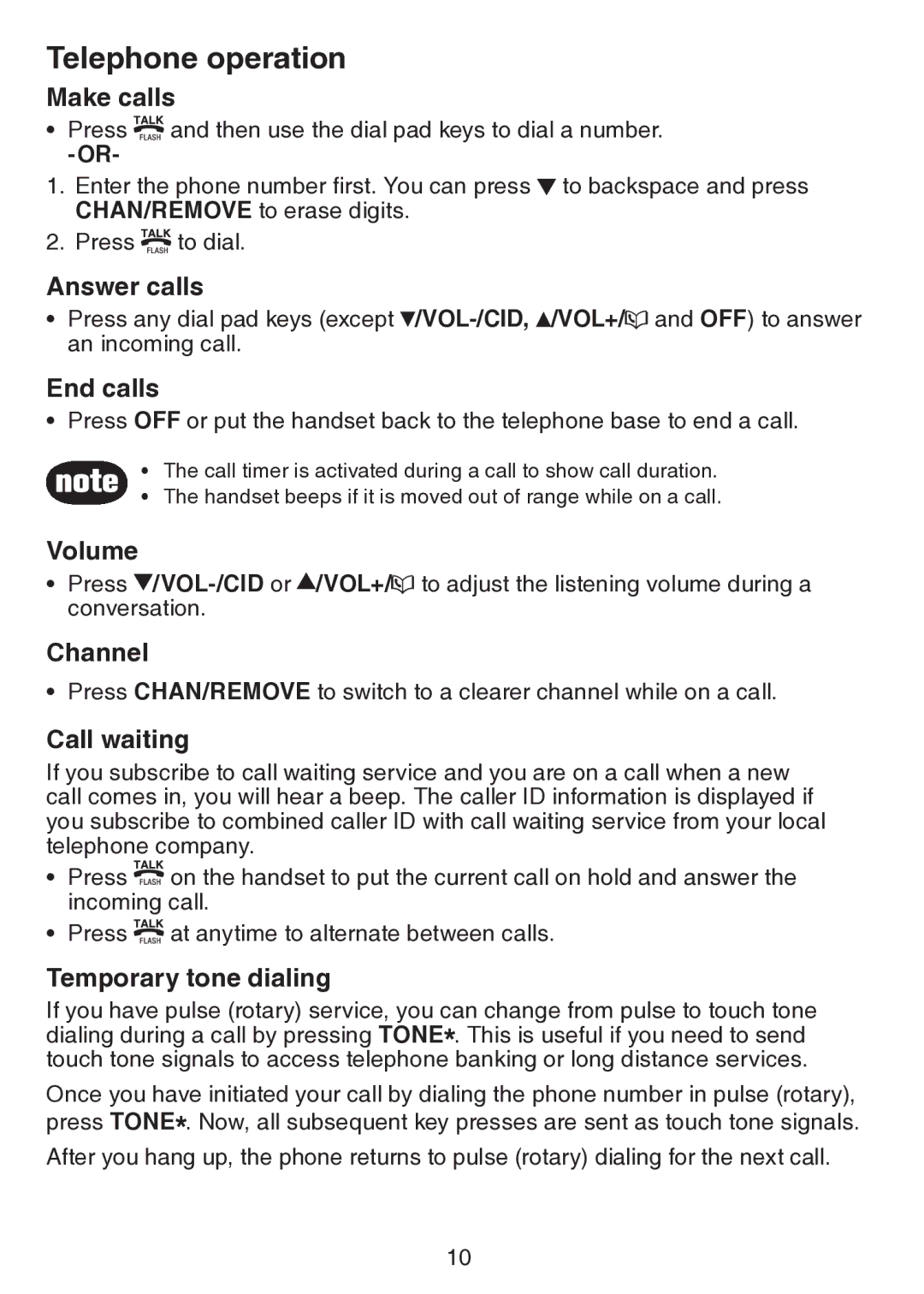 VTech CS5113 Make calls, Answer calls, End calls, Volume, Channel, Call waiting, Temporary tone dialing 