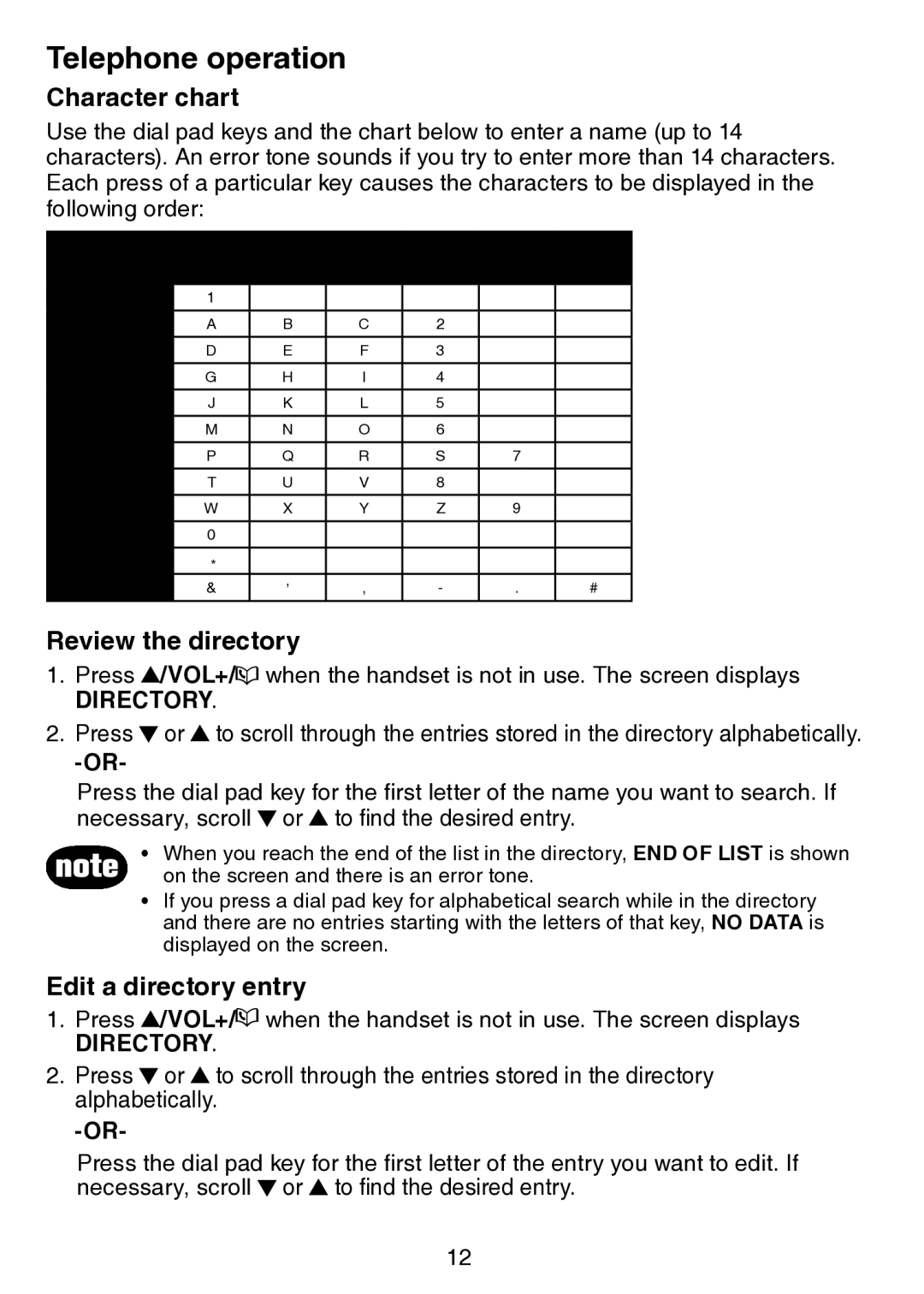 VTech CS5113 important safety instructions Character chart, Review the directory, Edit a directory entry 