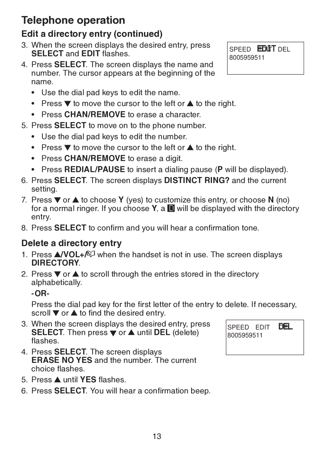 VTech CS5113 important safety instructions Delete a directory entry, Select and Edit flashes 