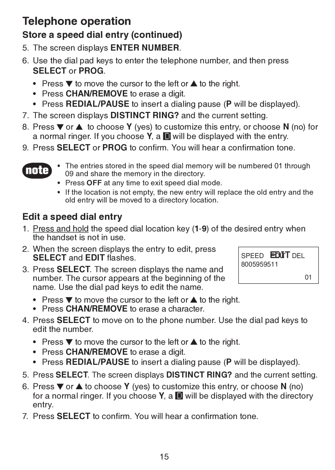 VTech CS5113 important safety instructions Edit a speed dial entry 