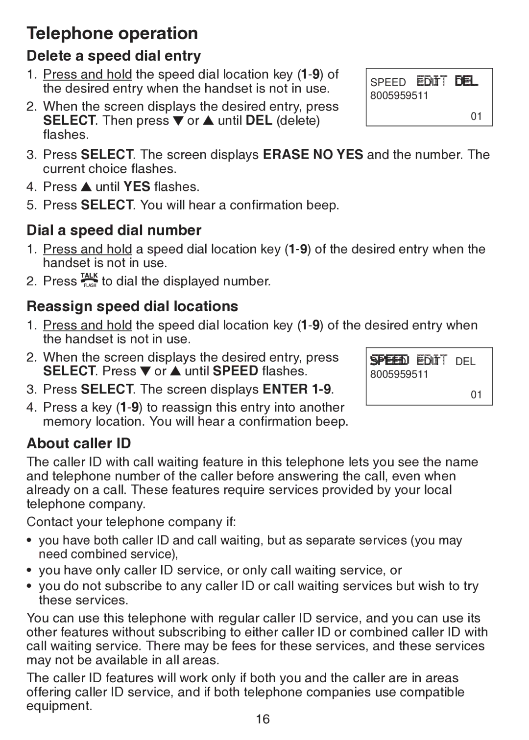 VTech CS5113 Delete a speed dial entry, Dial a speed dial number, Reassign speed dial locations, About caller ID 