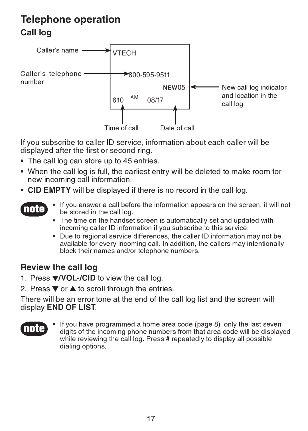 VTech CS5113 important safety instructions Call log, Review the call log 