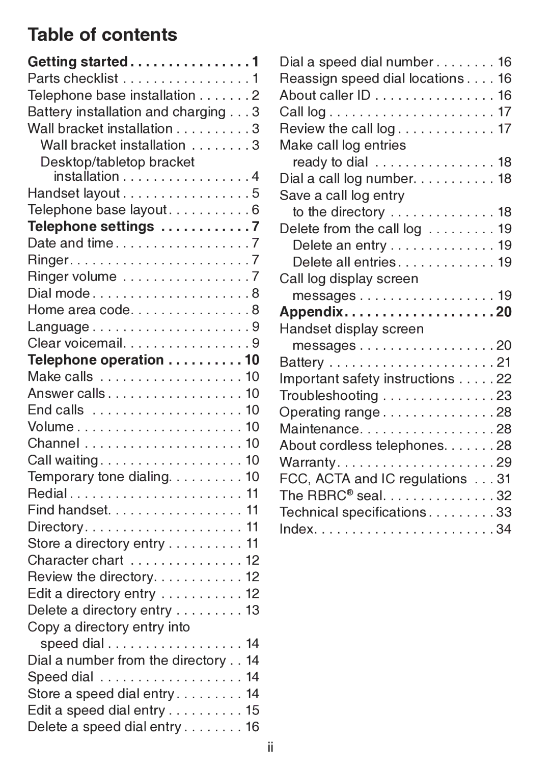 VTech CS5113 important safety instructions Table of contents 