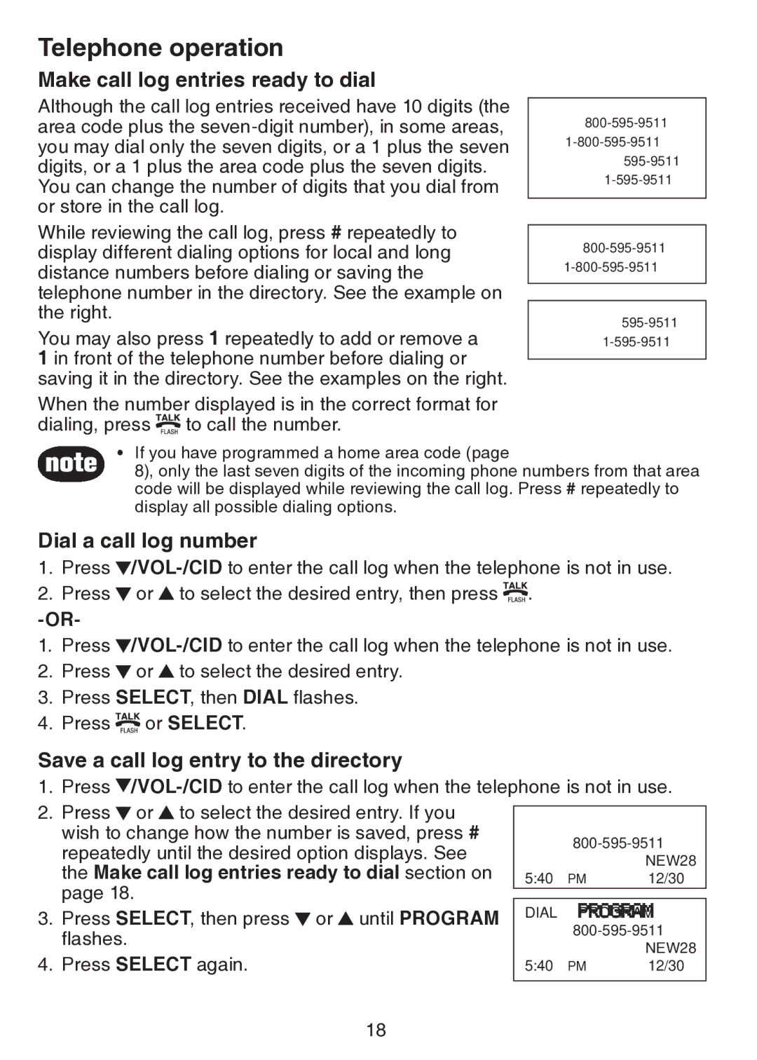 VTech CS5113 Make call log entries ready to dial, Dial a call log number, Save a call log entry to the directory 