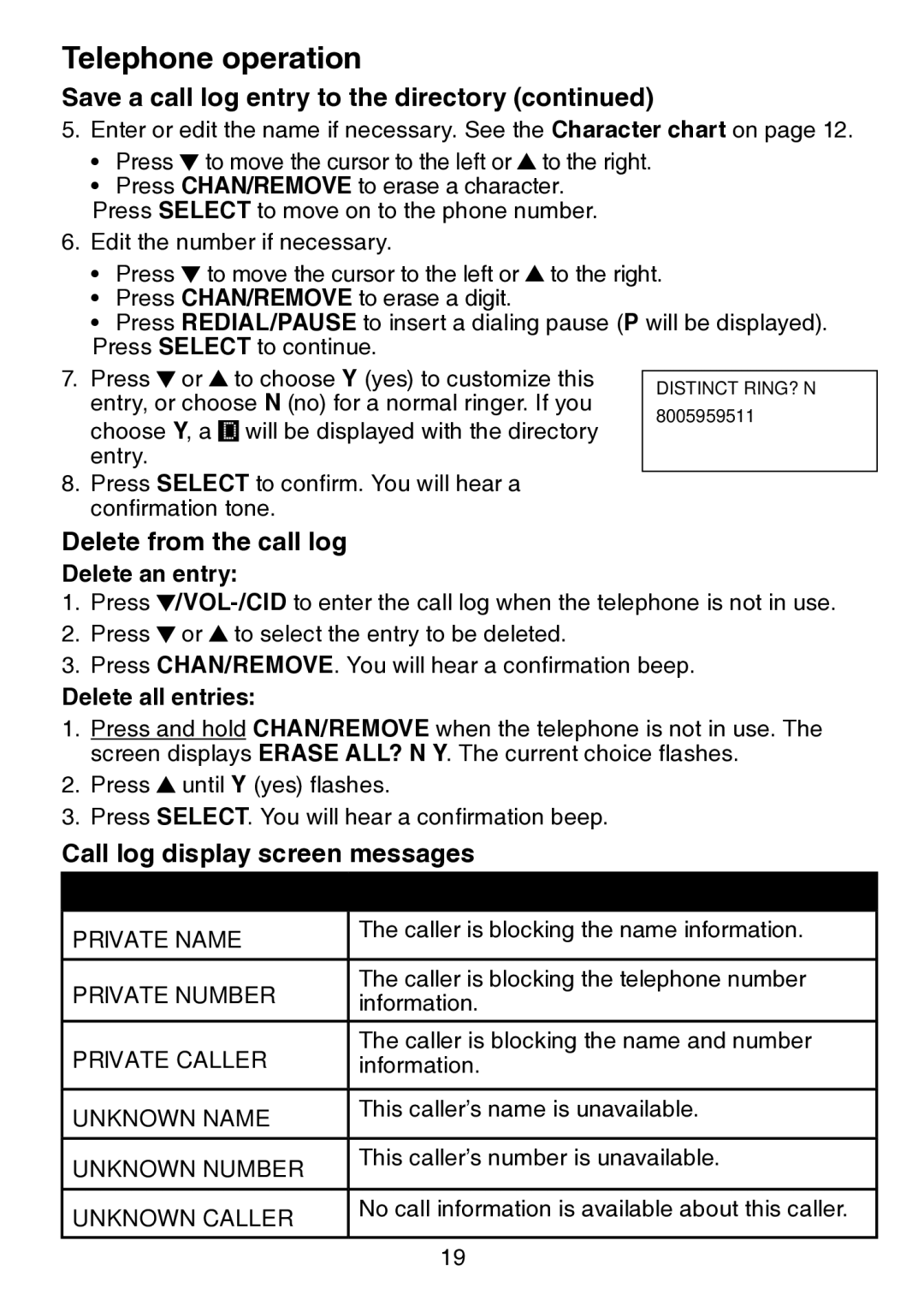 VTech CS5113 important safety instructions Delete from the call log, Call log display screen messages 