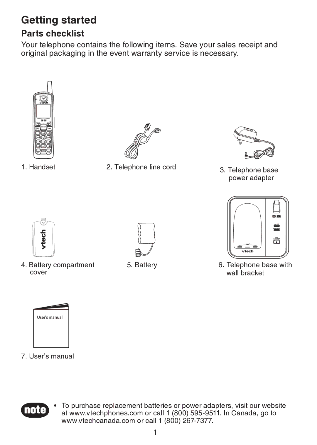 VTech CS5113 important safety instructions Getting started, Parts checklist 