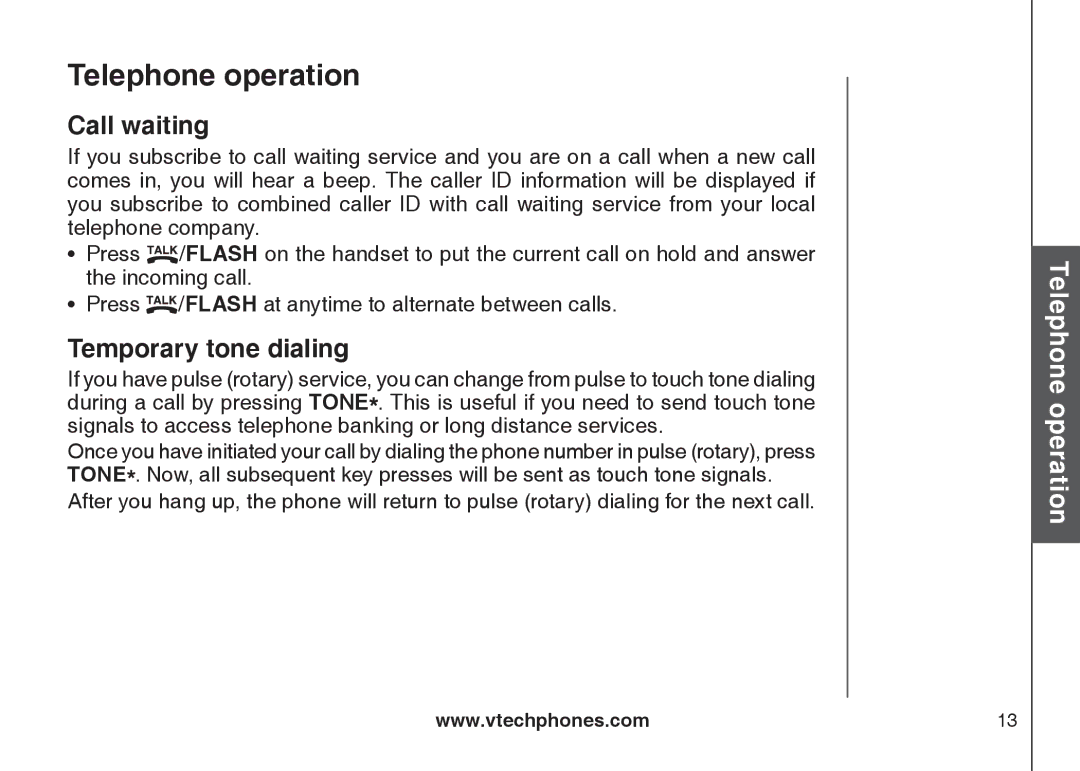 VTech CS5121-2, CS5122-3, CS5121-3, CS5121-4 important safety instructions Call waiting, Temporary tone dialing 