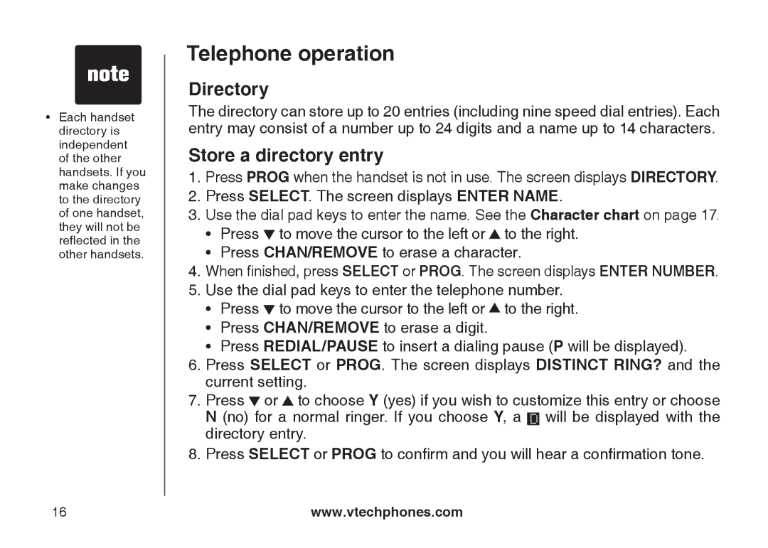 VTech CS5121-4, CS5121-2, CS5122-3, CS5121-3 important safety instructions Directory, Store a directory entry 