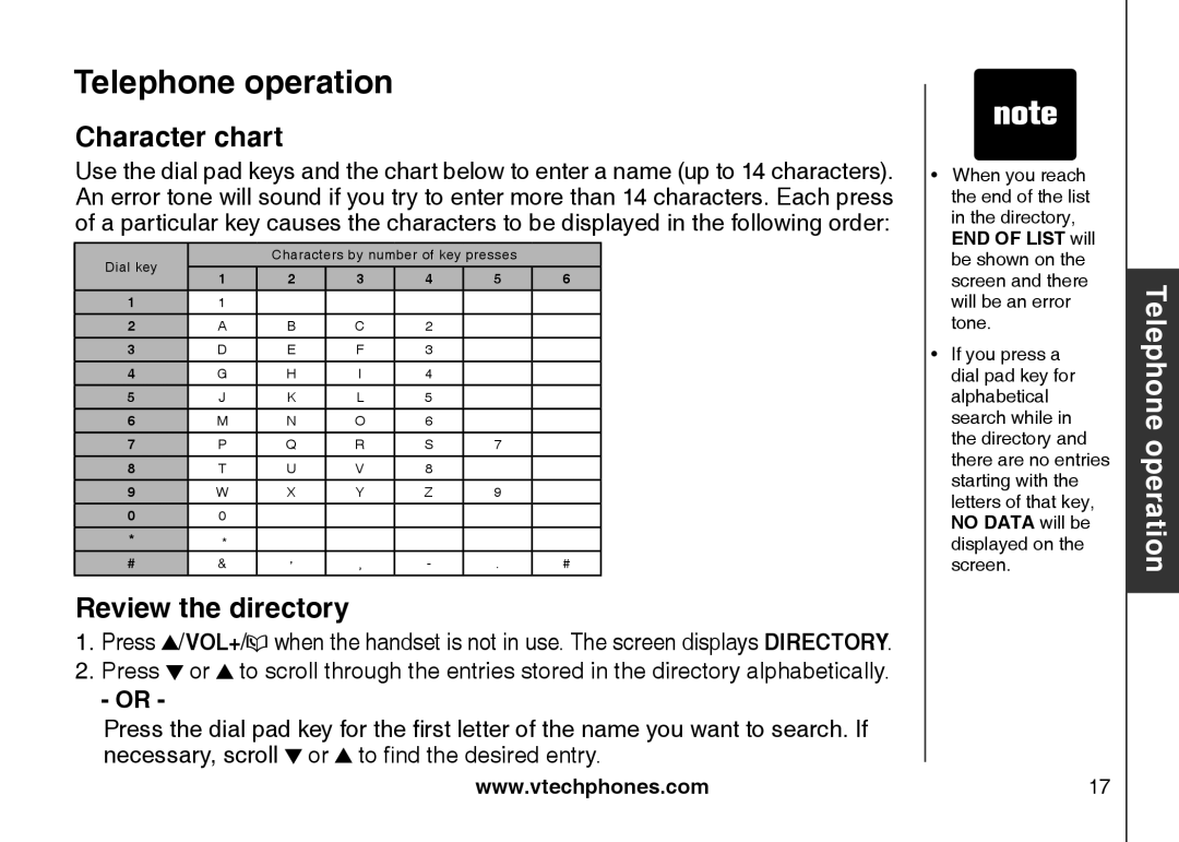 VTech CS5121-2, CS5122-3, CS5121-3, CS5121-4 important safety instructions Character chart, Review the directory 