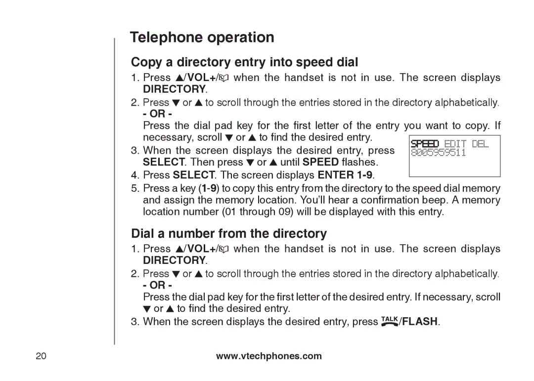 VTech CS5121-4, CS5121-2, CS5122-3, CS5121-3 Copy a directory entry into speed dial, Dial a number from the directory 