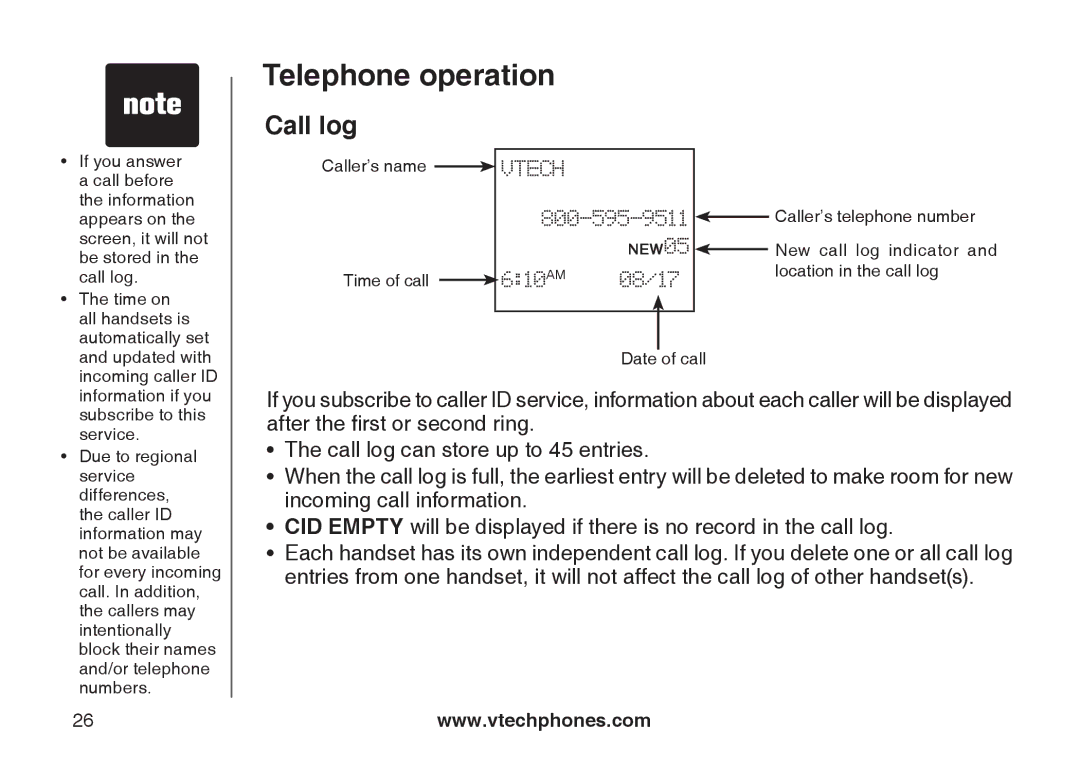 VTech CS5122-3, CS5121-2, CS5121-3, CS5121-4 important safety instructions Call log 