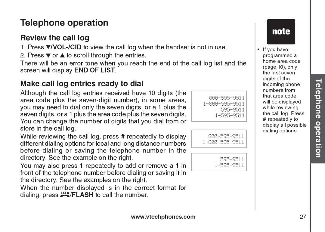 VTech CS5121-3, CS5121-2, CS5122-3, CS5121-4 Review the call log, Make call log entries ready to dial 