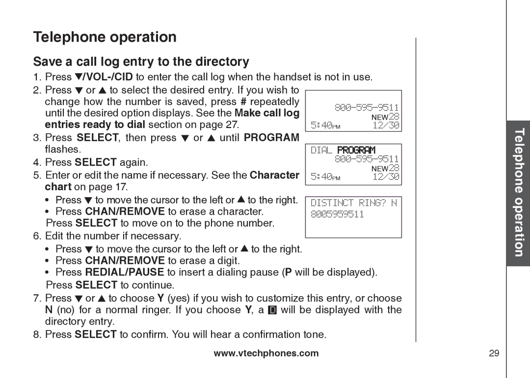 VTech CS5121-2, CS5122-3, CS5121-3, CS5121-4 Save a call log entry to the directory, Entries ready to dial section on 