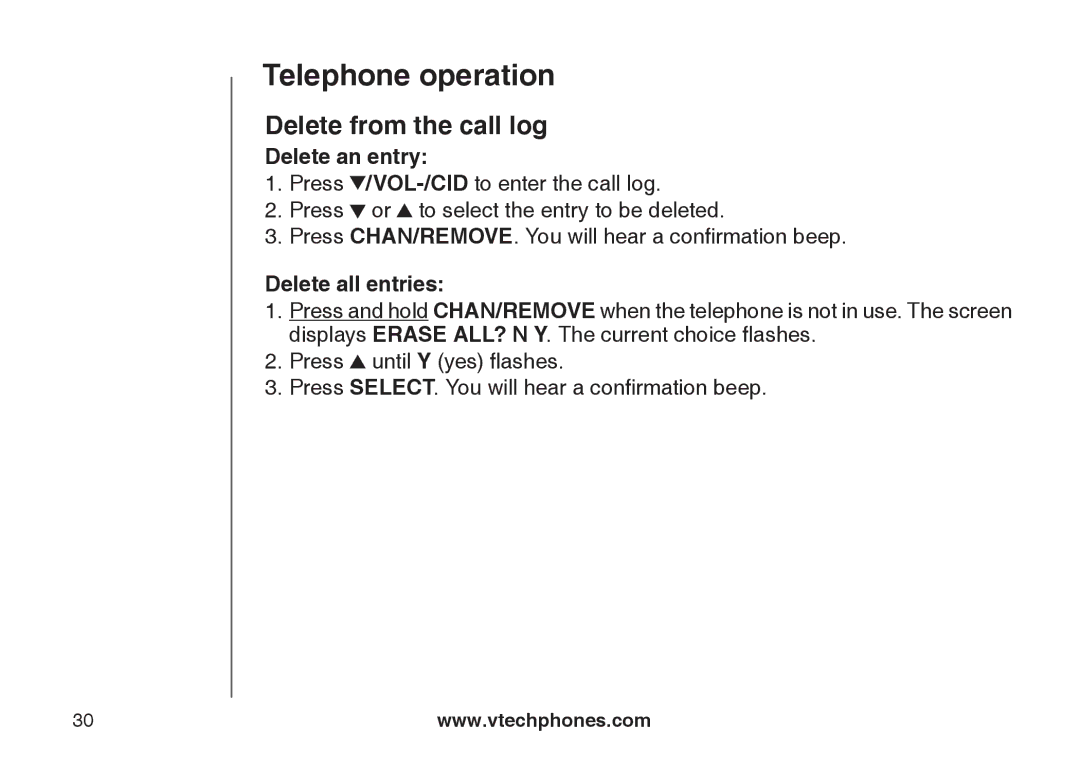 VTech CS5122-3, CS5121-2, CS5121-3, CS5121-4 important safety instructions Delete from the call log, Delete an entry 