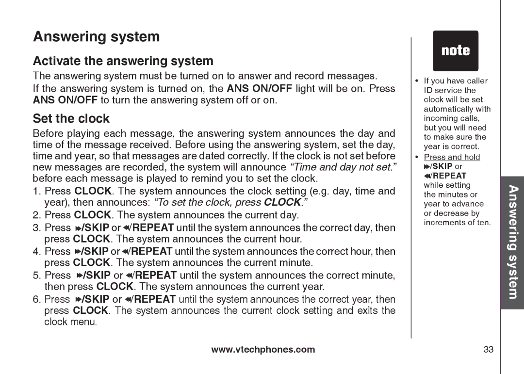 VTech CS5121-2, CS5122-3, CS5121-3, CS5121-4 important safety instructions Activate the answering system, Set the clock 