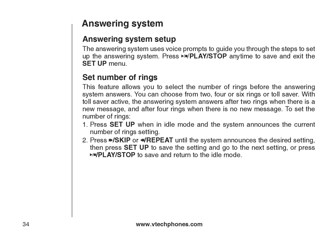 VTech CS5122-3, CS5121-2, CS5121-3, CS5121-4 important safety instructions Answering system setup, Set number of rings 