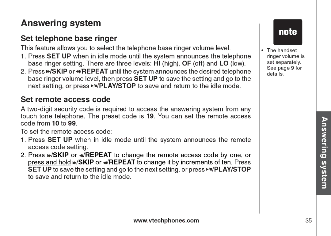 VTech CS5121-3, CS5121-2, CS5122-3, CS5121-4 important safety instructions Set telephone base ringer, Set remote access code 