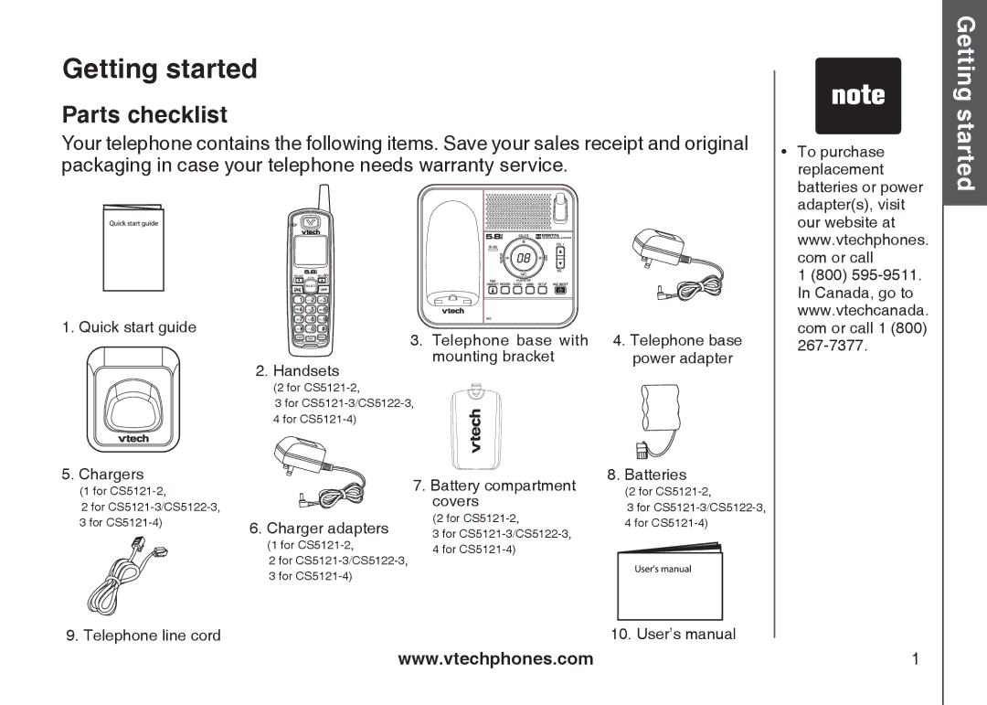 VTech CS5121-2, CS5122-3, CS5121-3, CS5121-4 important safety instructions Getting started, Parts checklist 