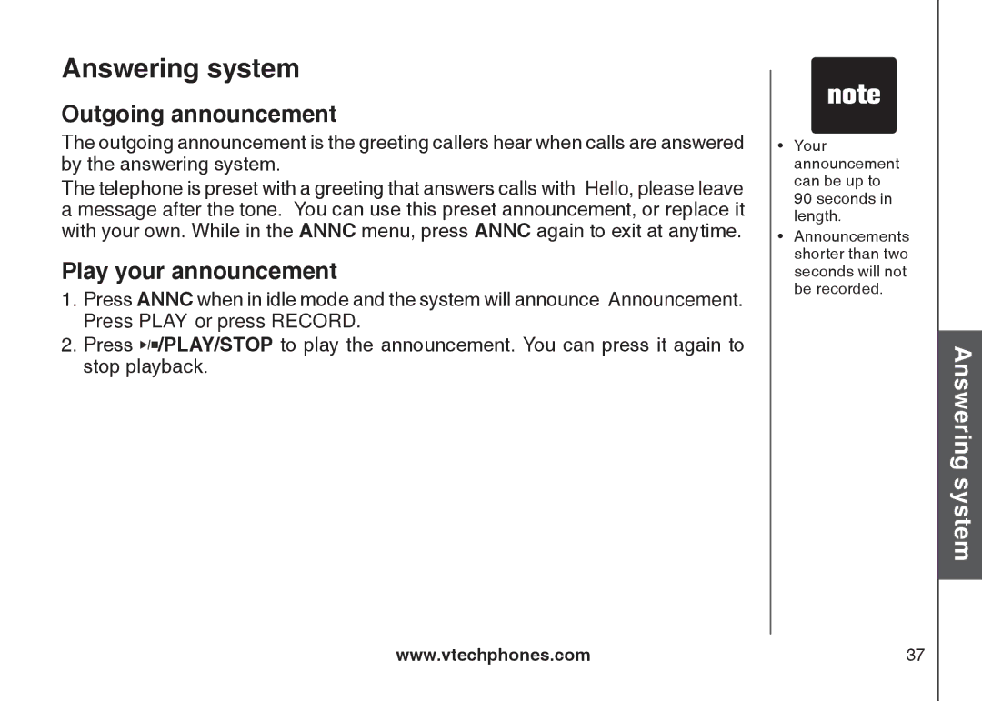 VTech CS5121-2, CS5122-3, CS5121-3, CS5121-4 important safety instructions Outgoing announcement, Play your announcement 