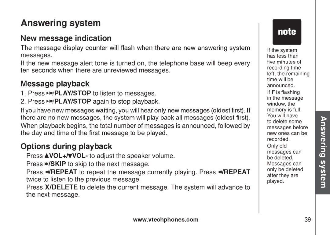 VTech CS5121-3, CS5121-2, CS5122-3, CS5121-4 New message indication, Message playback, Options during playback 