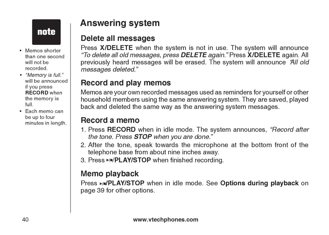 VTech CS5121-4, CS5121-2, CS5122-3, CS5121-3 Delete all messages, Record and play memos, Record a memo, Memo playback 