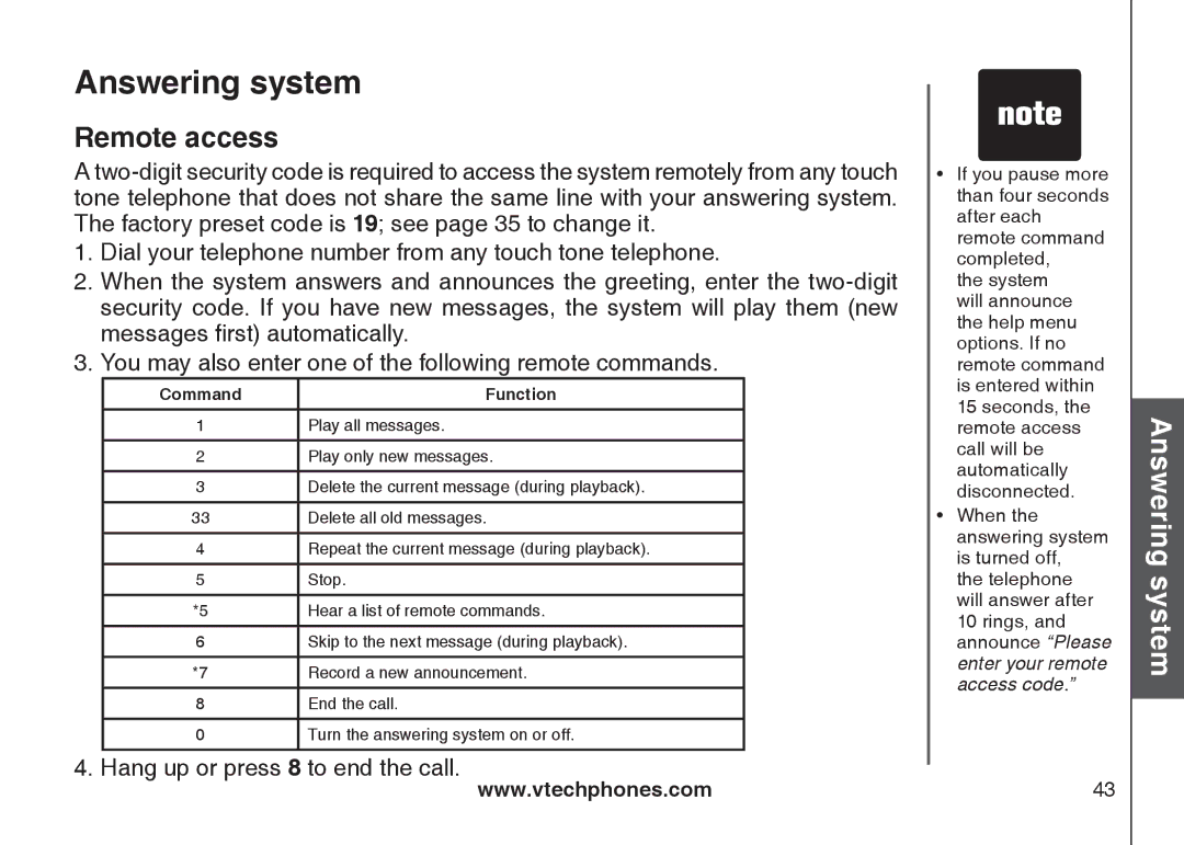 VTech CS5121-3, CS5121-2, CS5122-3, CS5121-4 important safety instructions Remote access, Command Function 