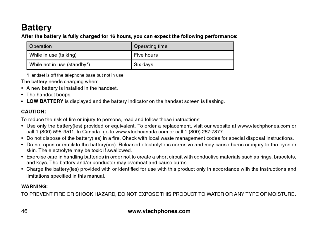 VTech CS5122-3, CS5121-2, CS5121-3, CS5121-4 important safety instructions Battery 