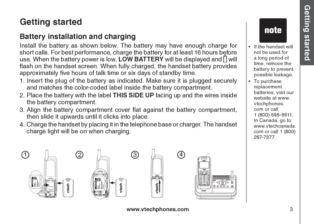 VTech CS5121-3, CS5121-2, CS5122-3, CS5121-4 important safety instructions Battery installation and charging 