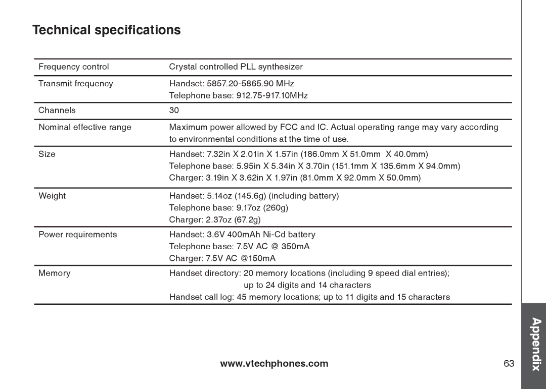 VTech CS5121-3, CS5121-2, CS5122-3, CS5121-4 important safety instructions Technical specifications 