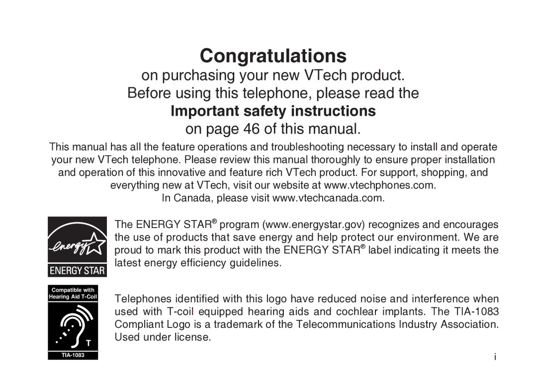 VTech cs5121 important safety instructions Congratulations, Important safety instructions 