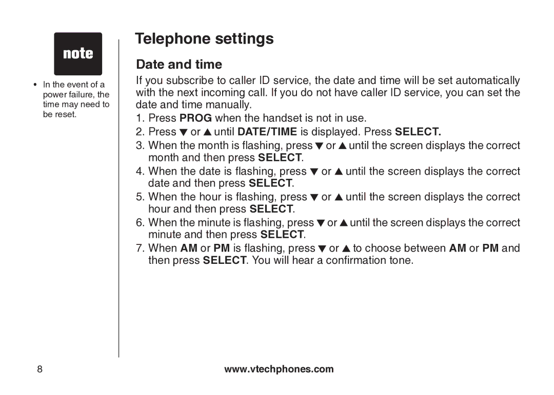 VTech cs5121 important safety instructions Telephone settings, Date and time 