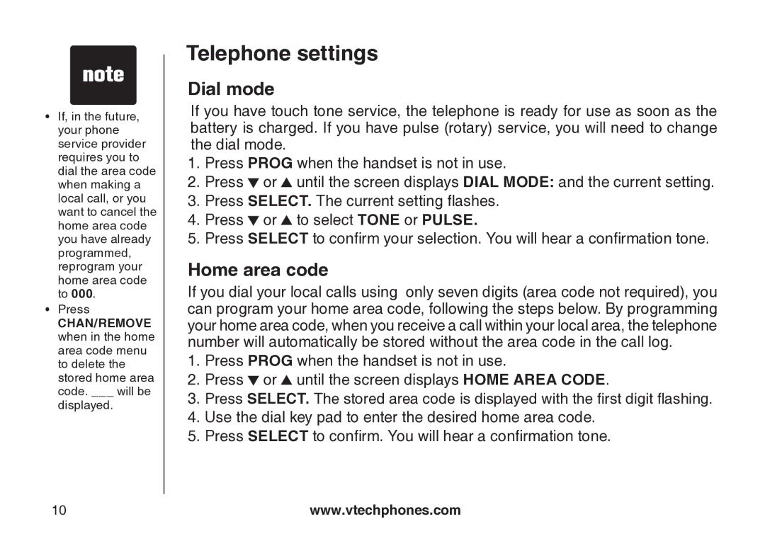 VTech cs5121 important safety instructions Dial mode, Home area code 