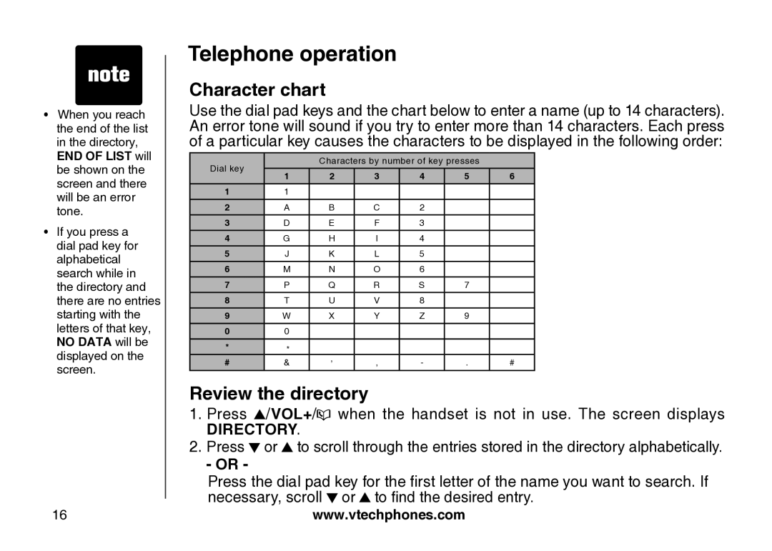 VTech cs5121 important safety instructions Character chart, Review the directory 