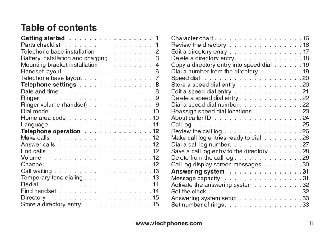 VTech cs5121 important safety instructions Table of contents 