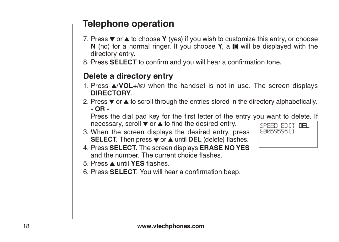 VTech cs5121 important safety instructions Delete a directory entry 