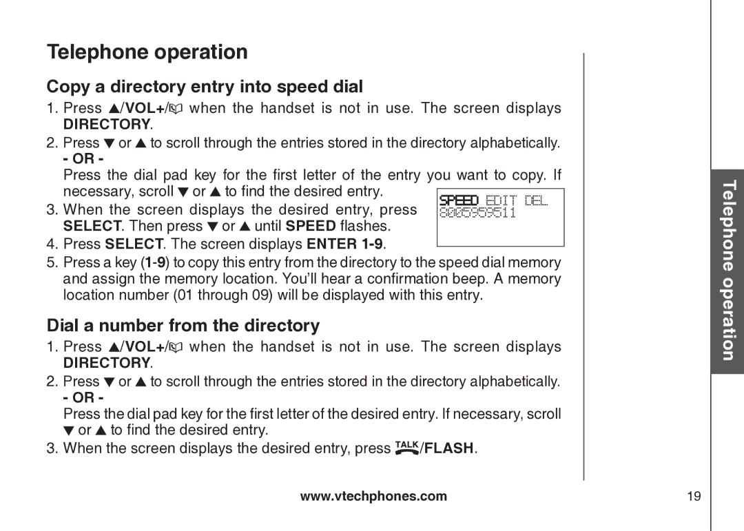 VTech cs5121 important safety instructions Copy a directory entry into speed dial, Dial a number from the directory 