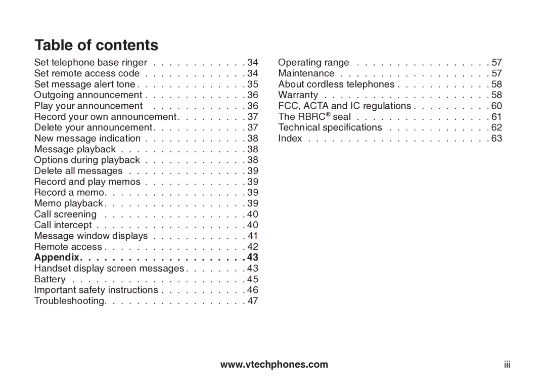 VTech cs5121 important safety instructions Appendix 