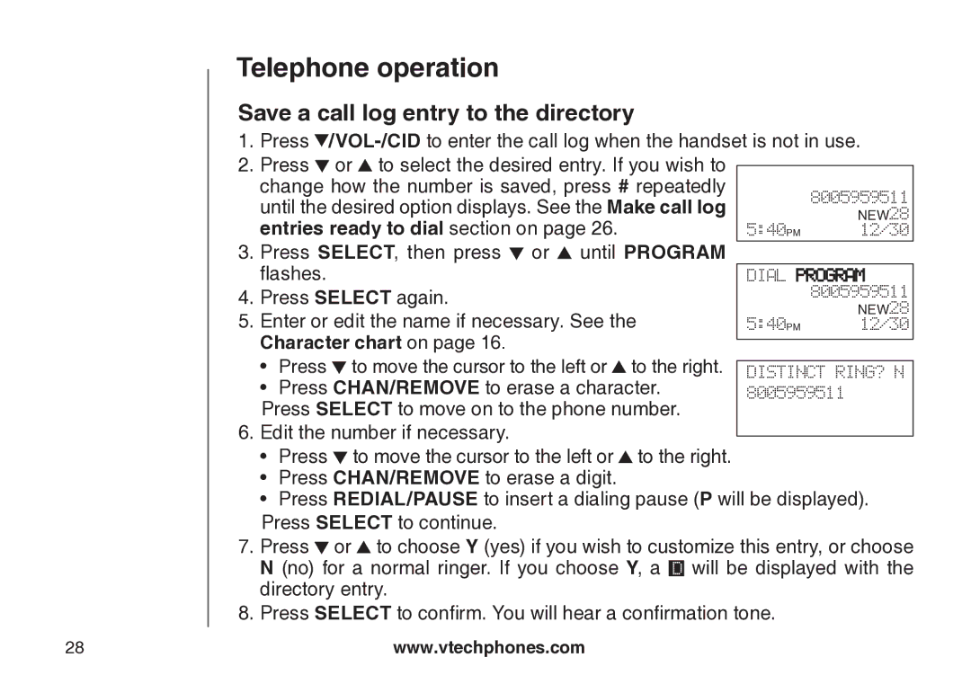 VTech cs5121 important safety instructions Save a call log entry to the directory, Entries ready to dial section on 