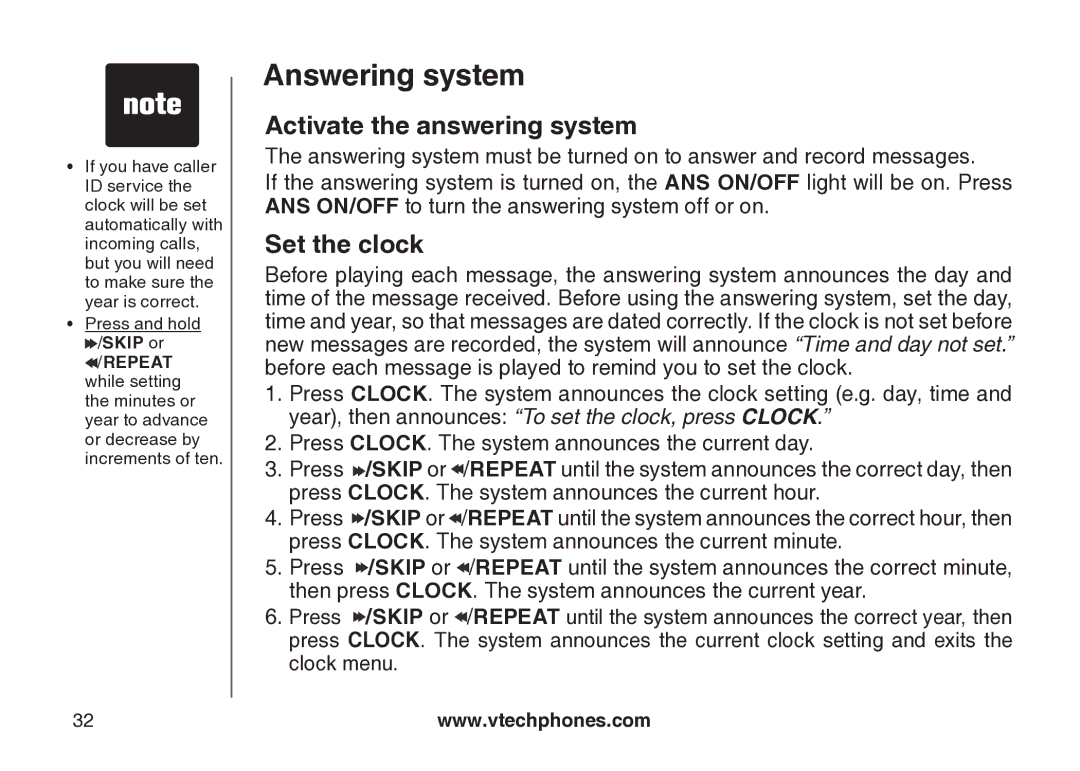 VTech cs5121 important safety instructions Activate the answering system, Set the clock 