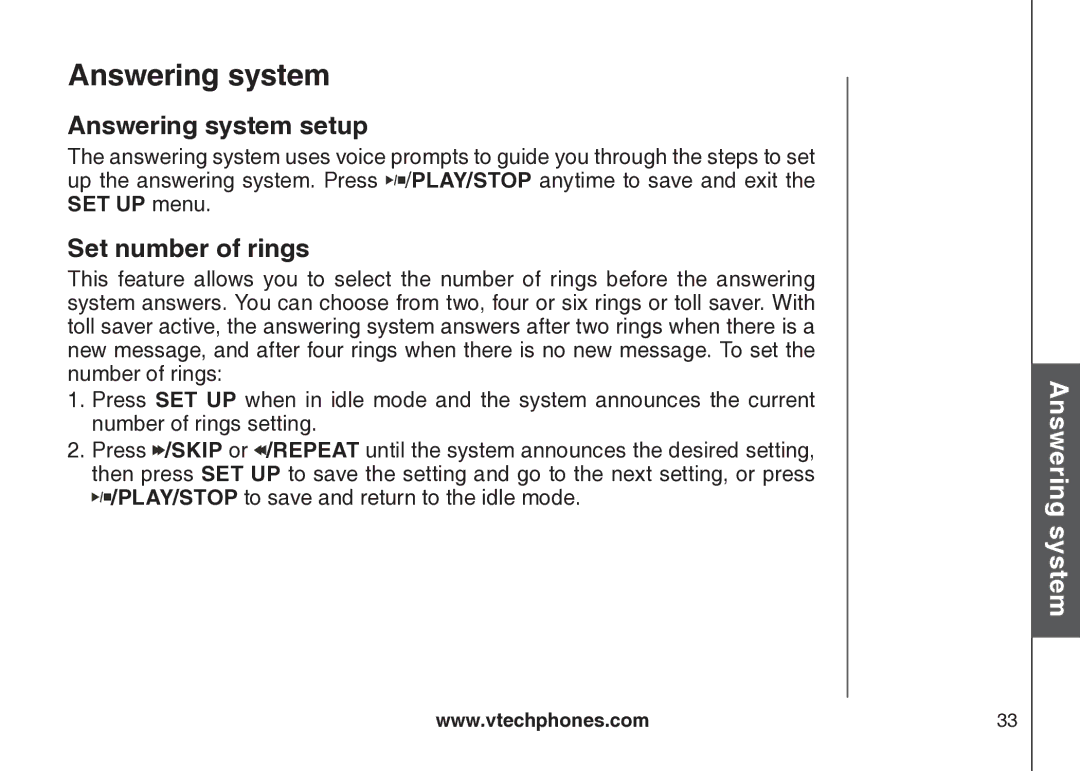 VTech cs5121 important safety instructions Answering system setup, Set number of rings 