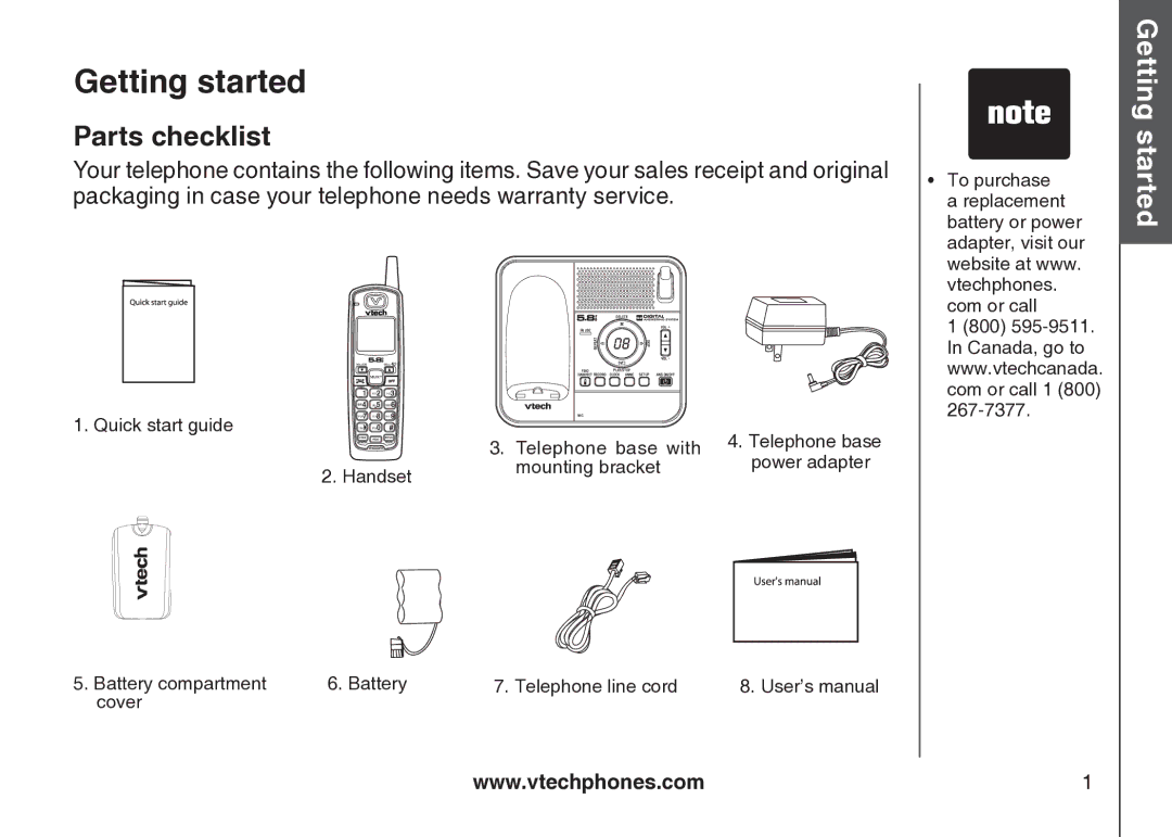 VTech cs5121 important safety instructions Getting started, Parts checklist 