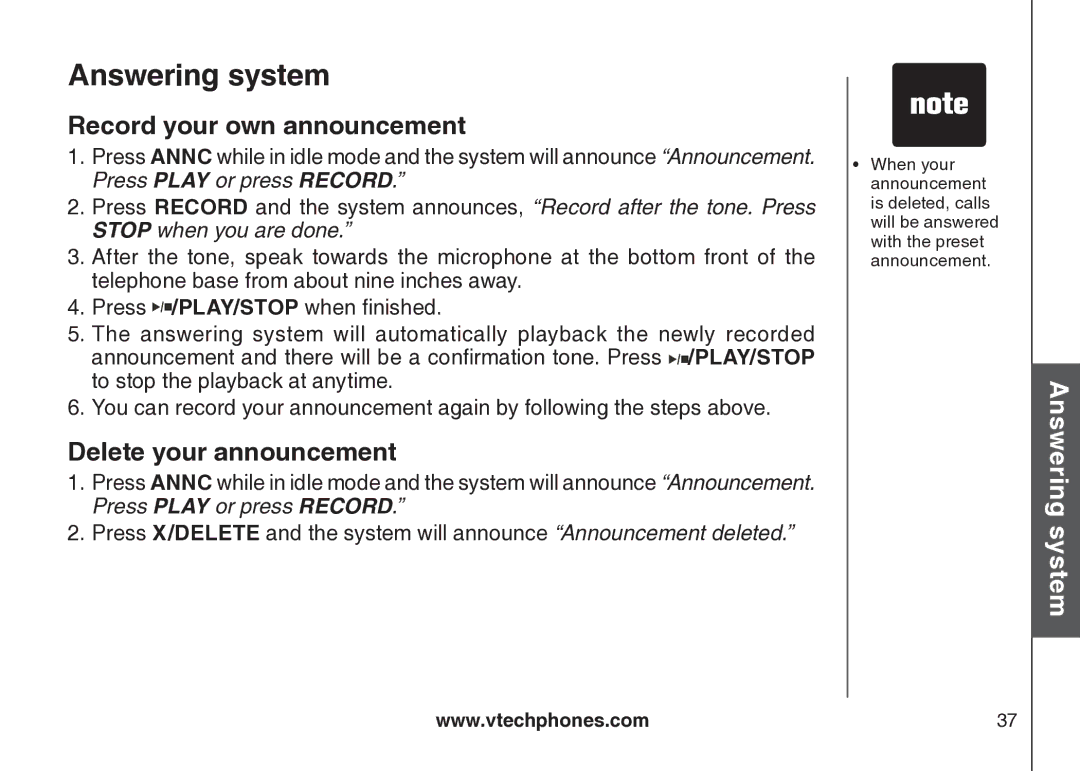 VTech cs5121 important safety instructions Record your own announcement, Delete your announcement 